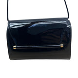 JR Women’s Black Patent Leather With Gold Bar Detail Crossbody Barrel Bag Sz M