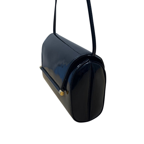 JR Women’s Black Patent Leather With Gold Bar Detail Crossbody Barrel Bag Sz M
