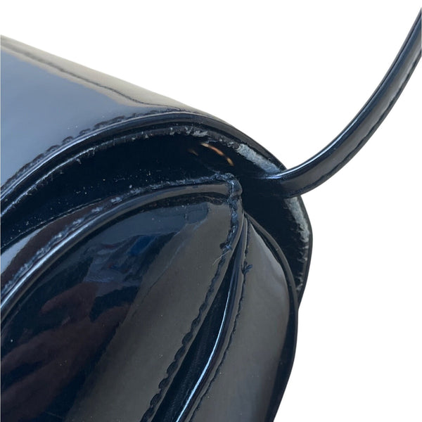 JR Women’s Black Patent Leather With Gold Bar Detail Crossbody Barrel Bag Sz M