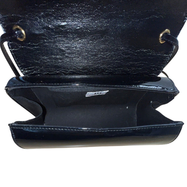 JR Women’s Black Patent Leather With Gold Bar Detail Crossbody Barrel Bag Sz M