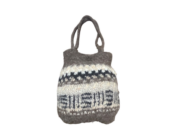 Handcrafted Brown White Woven Wool Snap closure Women's Shoulder Bag Sz M