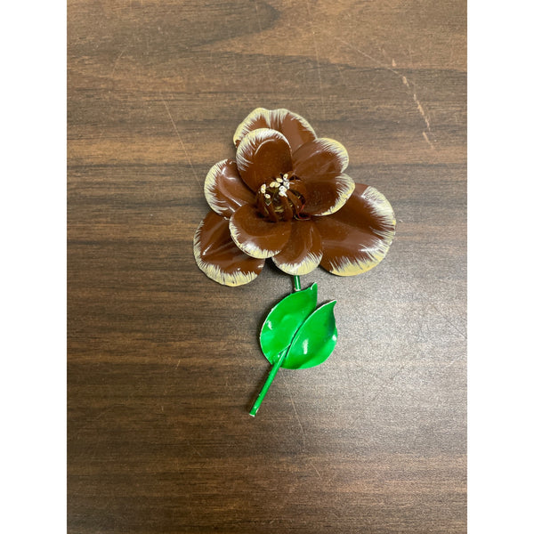 Vintage Brown & Green Enamel Flower Brooch Pin