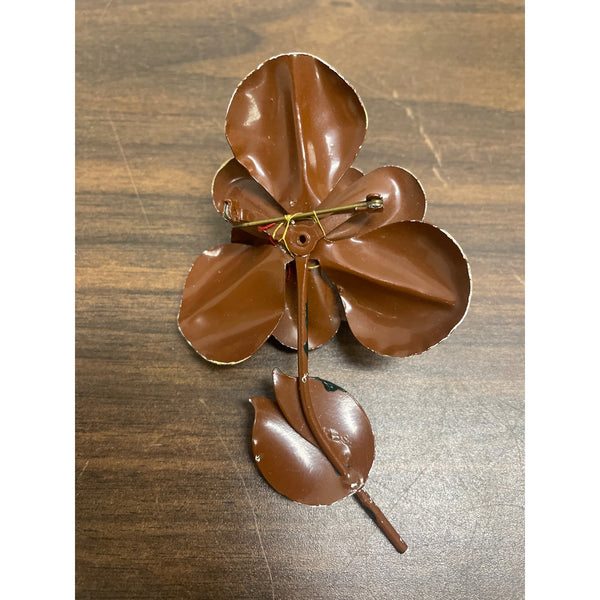 Vintage Brown & Green Enamel Flower Brooch Pin