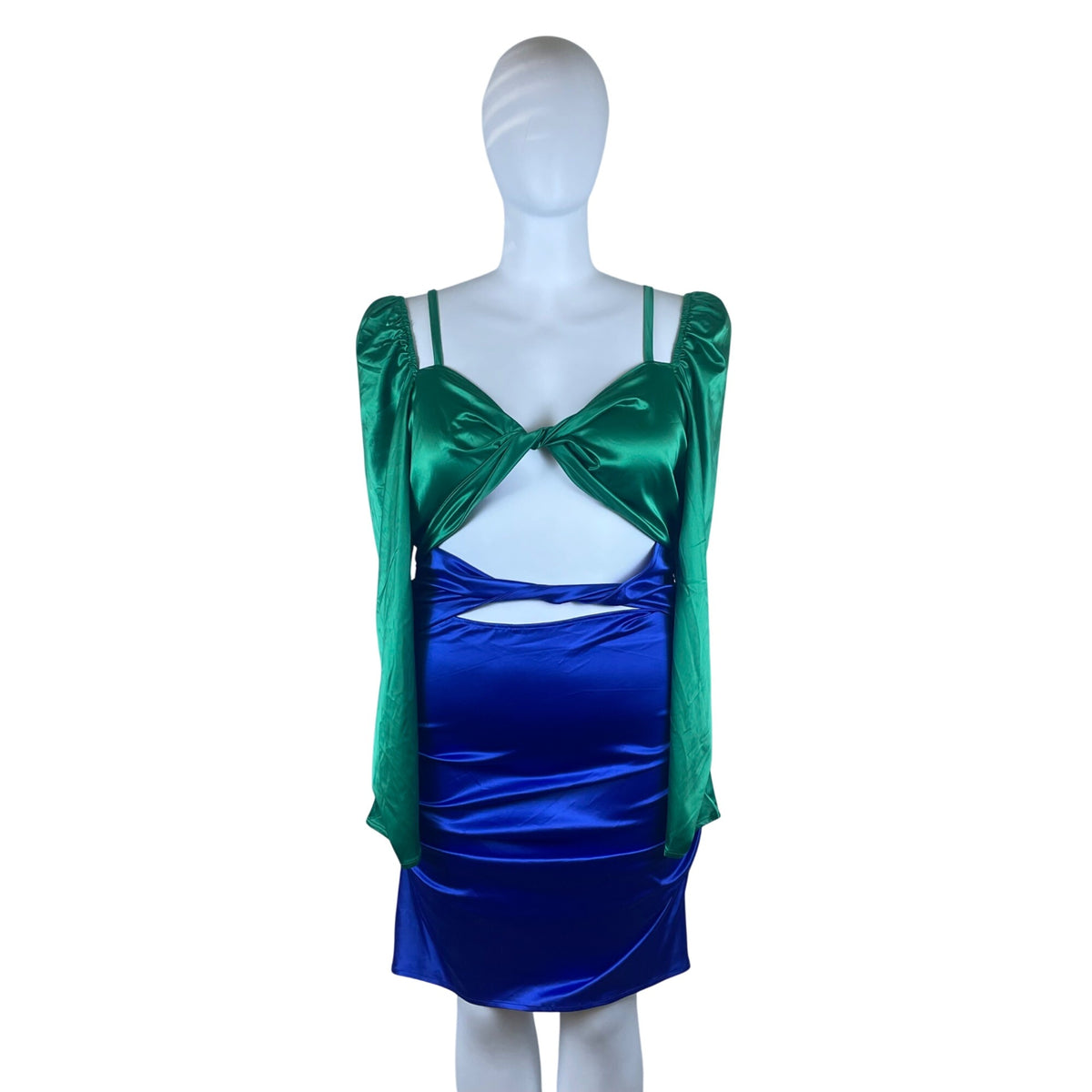 Fashion To Figure Green & Blue Women's Cutout Mini Dress With Long Sleeves Sz 2
