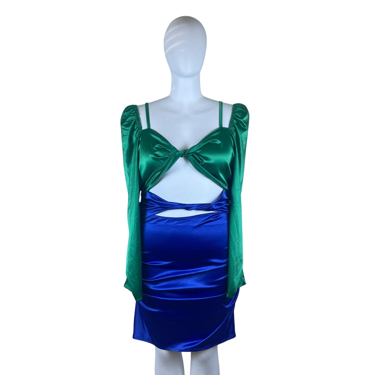 Fashion To Figure Green & Blue Women's Cutout Mini Dress With Long Sleeves Sz 2