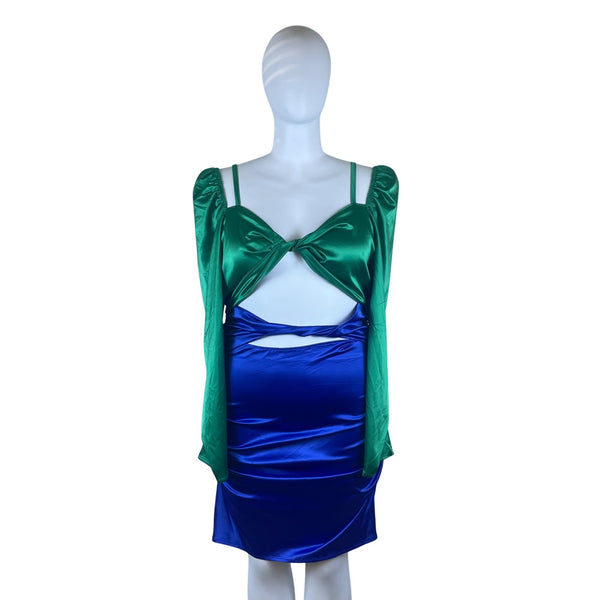 Fashion To Figure Green & Blue Women's Cutout Mini Dress With Long Sleeves Sz 2
