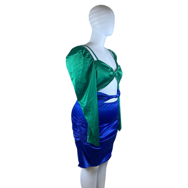 Fashion To Figure Green & Blue Women's Cutout Mini Dress With Long Sleeves Sz 2