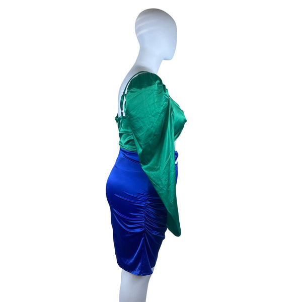 Fashion To Figure Green & Blue Women's Cutout Mini Dress With Long Sleeves Sz 2