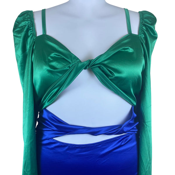 Fashion To Figure Green & Blue Women's Cutout Mini Dress With Long Sleeves Sz 2