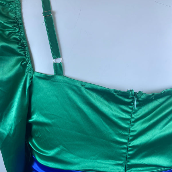 Fashion To Figure Green & Blue Women's Cutout Mini Dress With Long Sleeves Sz 2