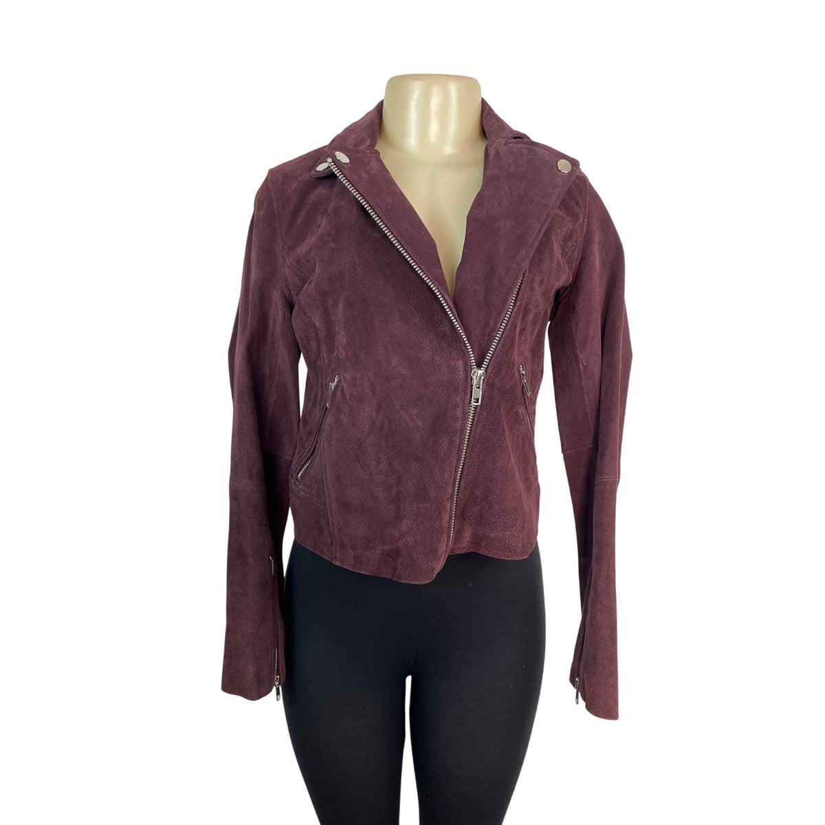 Aqua Womens Burgundy Genuine Leather Jacket With Zipper & Snap Collar Sz XS
