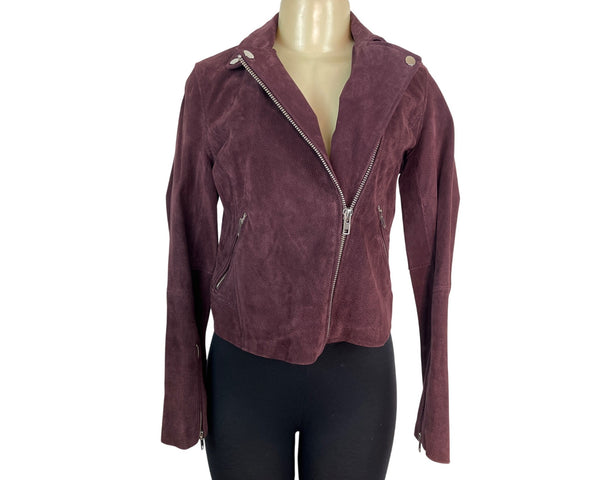 Aqua Womens Burgundy Genuine Leather Jacket With Zipper & Snap Collar Sz XS