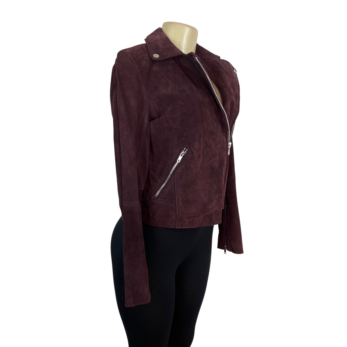 Aqua Womens Burgundy Genuine Leather Jacket With Zipper & Snap Collar Sz XS