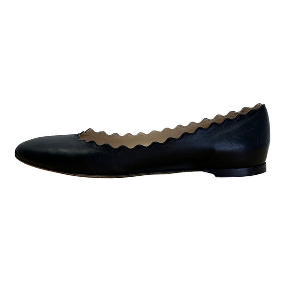 Chloé Women’s Black Scalloped Leather Ballet Flats Size 7US