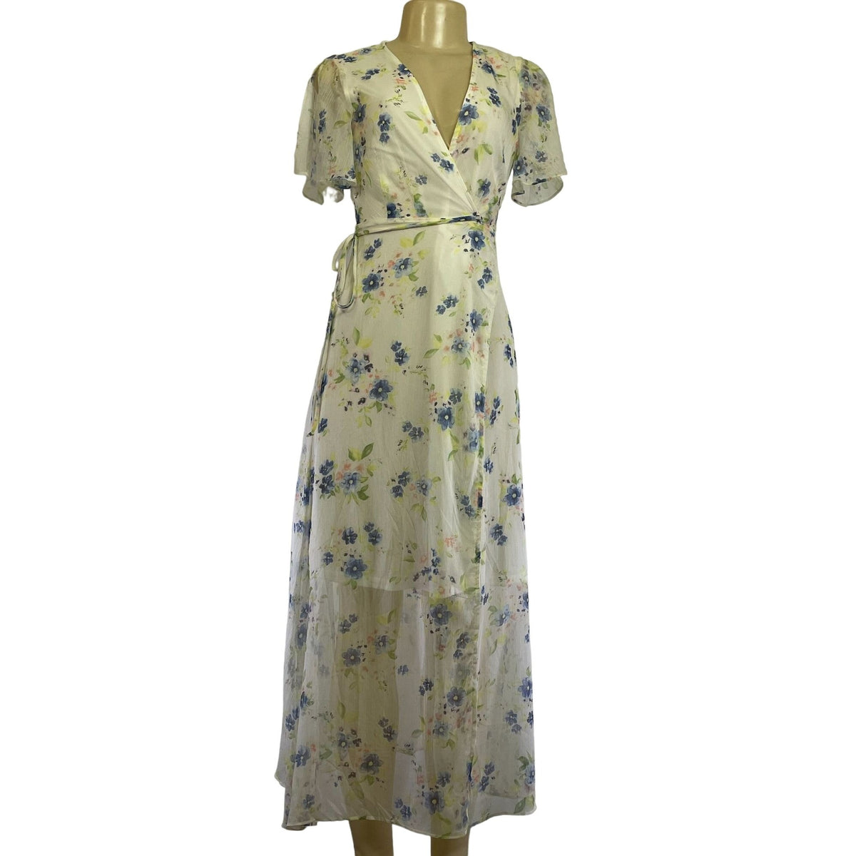 Floral Maxi Wrap Dress With Short Flutter Sleeves & Tie Waist Light Sheer Fabric White With Blue & Green Print Womens Size M New