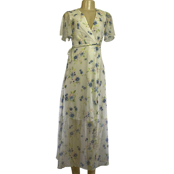 Floral Maxi Wrap Dress With Short Flutter Sleeves & Tie Waist Light Sheer Fabric White With Blue & Green Print Womens Size M New