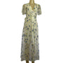 Floral Maxi Wrap Dress With Short Flutter Sleeves & Tie Waist Light Sheer Fabric White With Blue & Green Print Womens Size M New