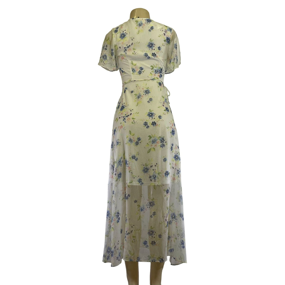 Floral Maxi Wrap Dress With Short Flutter Sleeves & Tie Waist Light Sheer Fabric White With Blue & Green Print Womens Size M New