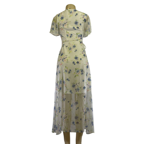 Floral Maxi Wrap Dress With Short Flutter Sleeves & Tie Waist Light Sheer Fabric White With Blue & Green Print Womens Size M New