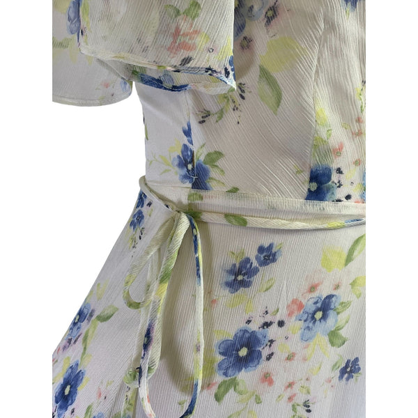 Floral Maxi Wrap Dress With Short Flutter Sleeves & Tie Waist Light Sheer Fabric White With Blue & Green Print Womens Size M New