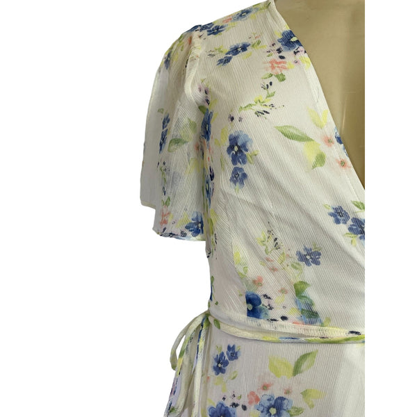 Floral Maxi Wrap Dress With Short Flutter Sleeves & Tie Waist Light Sheer Fabric White With Blue & Green Print Womens Size M New