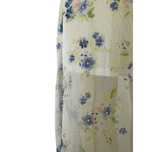 Floral Maxi Wrap Dress With Short Flutter Sleeves & Tie Waist Light Sheer Fabric White With Blue & Green Print Womens Size M New