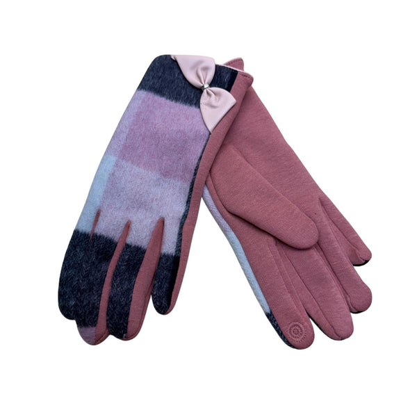 Ladies Pink/Burgundy Fabric Gloves Plaid Pattern With Bow Detail Touchscreen Compatible OS