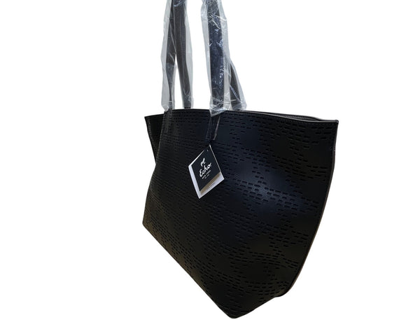 Echo Women’s Black Faux Leather Perforated Design carryall Tote Bag Size L