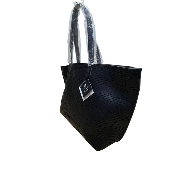 Echo Women’s Black Faux Leather Perforated Design carryall Tote Bag Size L
