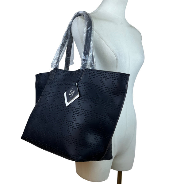 Echo Women’s Black Faux Leather Perforated Design carryall Tote Bag Size L