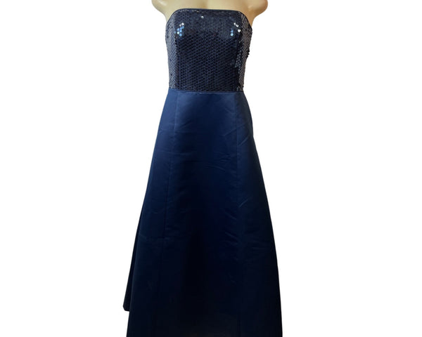 Basix II Navy Blue Sequin Bodice Strapless Gown A-Line Womens Evening Dress Sz 8