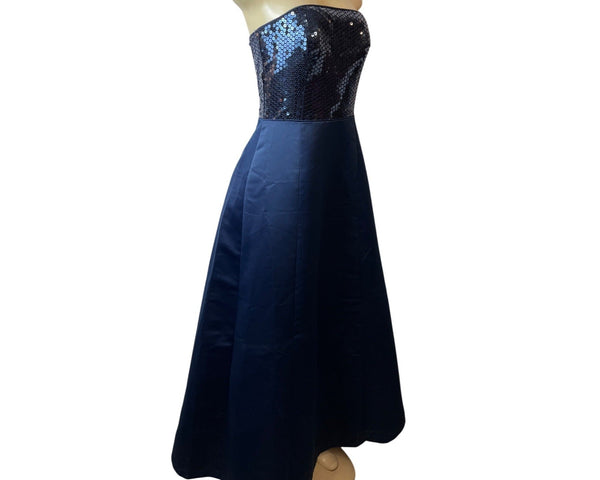 Basix II Navy Blue Sequin Bodice Strapless Gown A-Line Womens Evening Dress Sz 8