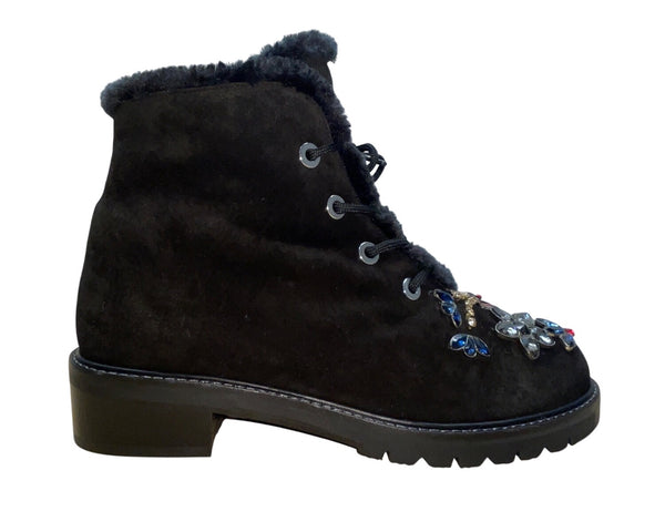 Stuart Weitzman Women’s Black Suede & Shearling Embellished Ankle Boots Sz 10.5M