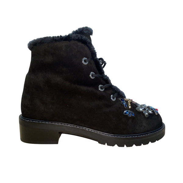 Stuart Weitzman Women’s Black Suede & Shearling Embellished Ankle Boots Sz 10.5M