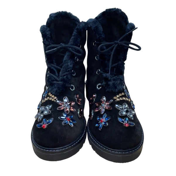 Stuart Weitzman Women’s Black Suede & Shearling Embellished Ankle Boots Sz 10.5M