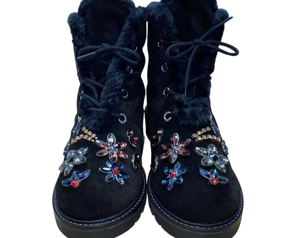 Stuart Weitzman Women’s Black Suede & Shearling Embellished Ankle Boots Sz 10.5M