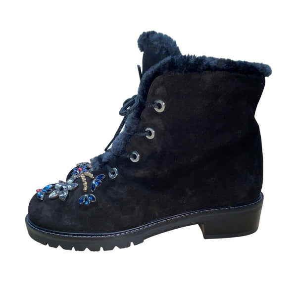 Stuart Weitzman Women’s Black Suede & Shearling Embellished Ankle Boots Sz 10.5M