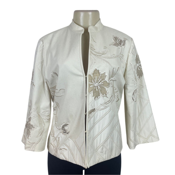 Chicos Womens Ivory Embroidered Open Front Jacket Floral Design Size 1