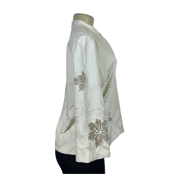 Chicos Womens Ivory Embroidered Open Front Jacket Floral Design Size 1