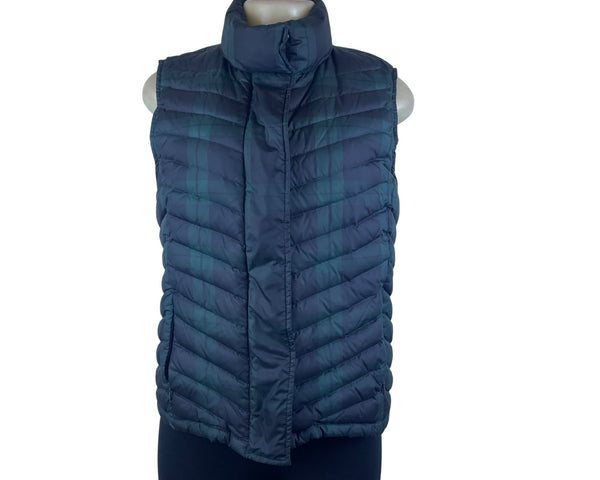 Talbots Womens Navy Green Puffer Vest Plaid Print Medium Insulated Lightweight