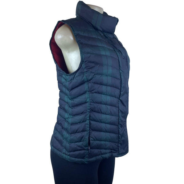 Talbots Womens Navy Green Puffer Vest Plaid Print Medium Insulated Lightweight