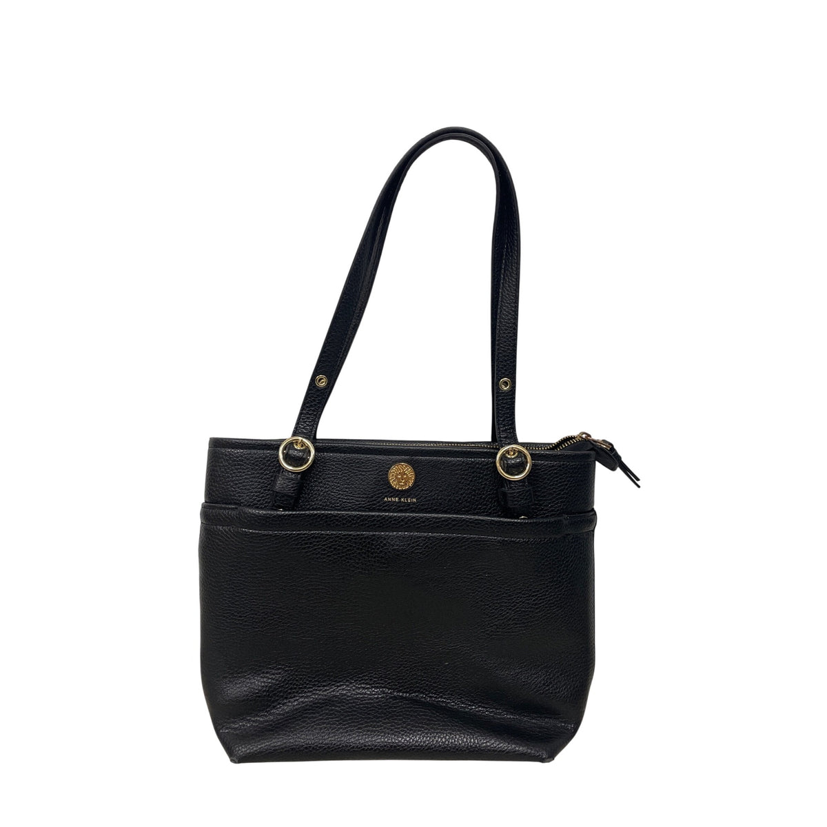 Anne Klein Womens Black Faux Leather Tote Bag Gold Hardware Double Handles