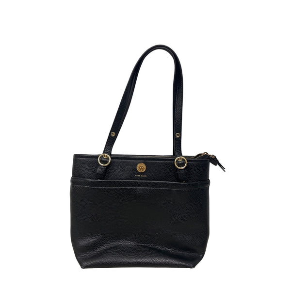 Anne Klein Womens Black Faux Leather Tote Bag Gold Hardware Double Handles