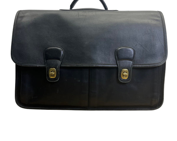 Vintage Coach Black Leather With Dual Buckle Closures & Top Handle Messenger Bag