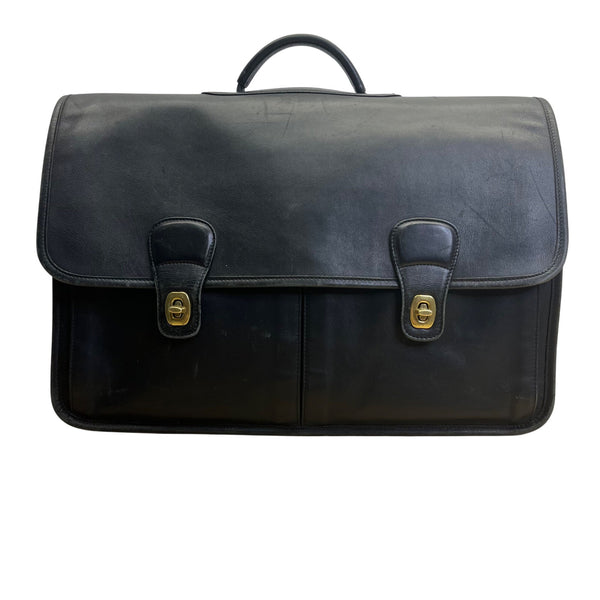 Vintage Coach Black Leather With Dual Buckle Closures & Top Handle Messenger Bag
