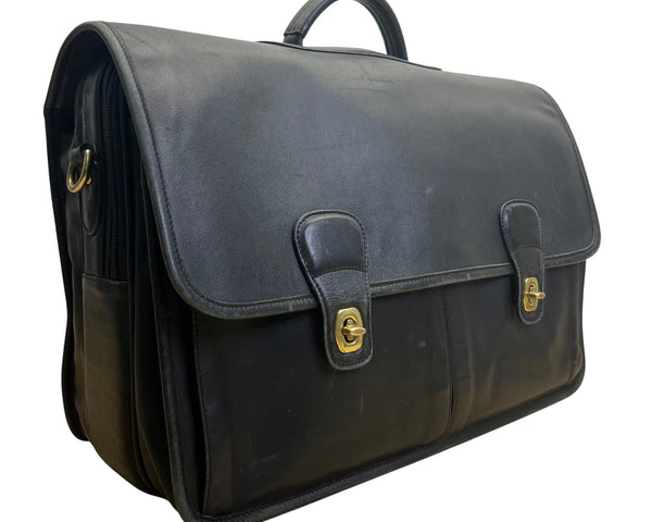 Vintage Coach Black Leather With Dual Buckle Closures & Top Handle Messenger Bag