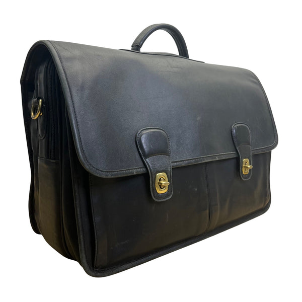 Vintage Coach Black Leather With Dual Buckle Closures & Top Handle Messenger Bag