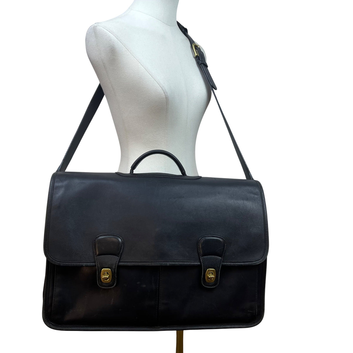 Vintage Coach Black Leather With Dual Buckle Closures & Top Handle Messenger Bag