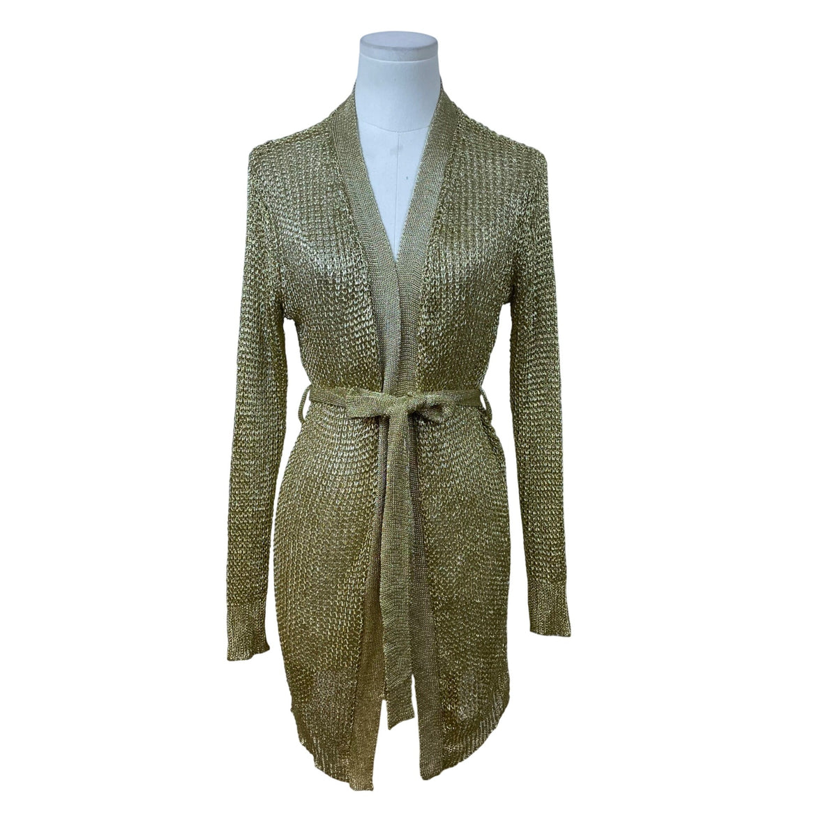 Love Sense Womens Gold Metallic Open-Knit Cardigan Belted Long Sleeves Size S