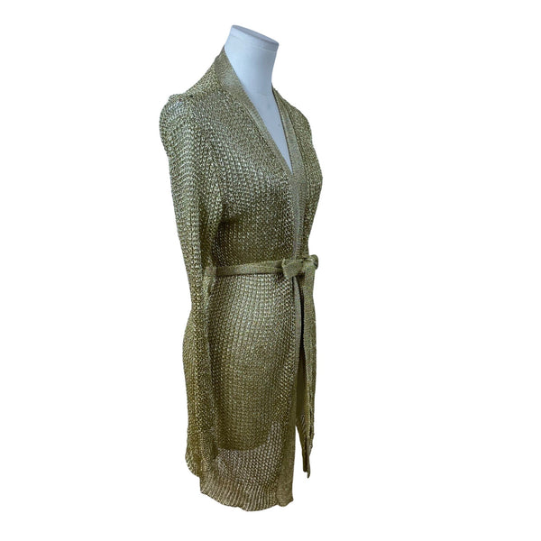 Love Sense Womens Gold Metallic Open-Knit Cardigan Belted Long Sleeves Size S